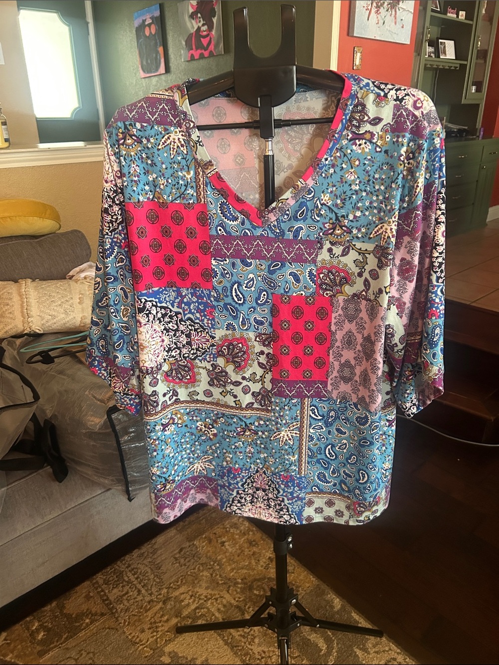 Women's Patchwork Print V-Neck Top in Blue and Pink